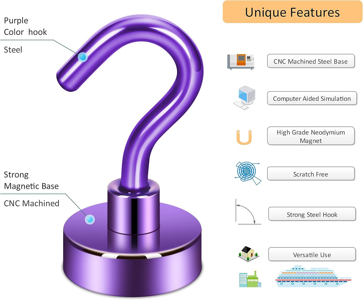 Neosmuk Magnetic Hooks,30lb+ Heavy Duty Earth Magnets with Hook for Refrigerator, Extra Strong Cruise Hook for Hanging, Magnetic Hanger for Curtain, Grill (Purple, 15 Pack)