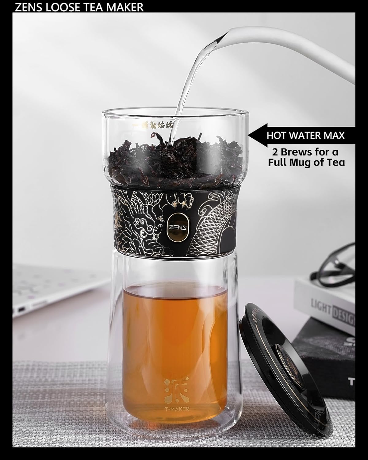 ZENS Cool Glass Teapot with Infuser, Smart One Touch Tea Maker for Loose Tea Diffusers with Insulated Mug and Portable Tea Kits, Enchanted Teapot Alternatives for Tea Lover Gifts