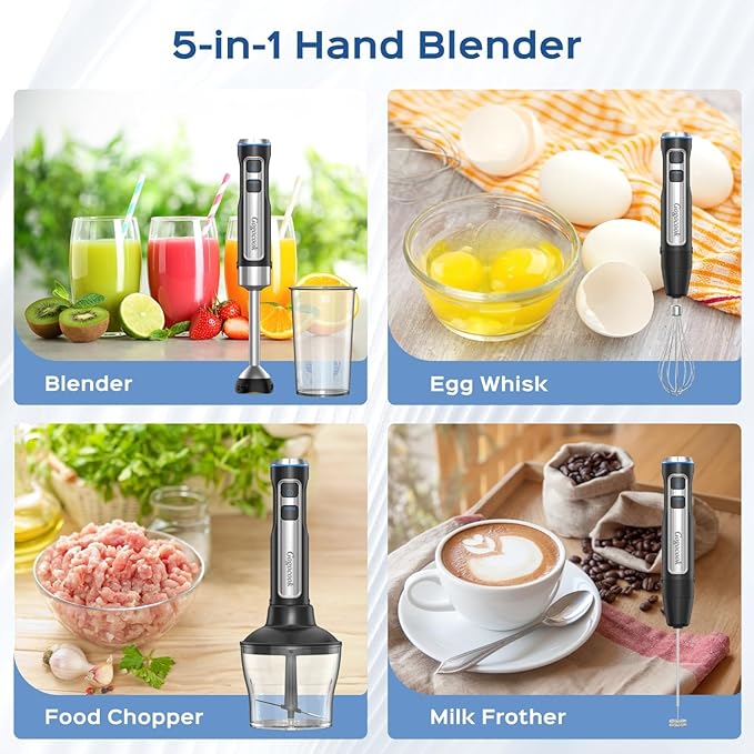 Immersion Blender 5 in 1 Hand Blender, Electric Blenders Max 1000W Heavy Duty Motor, 21 Speed & Turbo Mode Handheld Blender, Milk Frother, Egg Whisk, 800ml Beaker, 600ml Chopper Stainless Steel Blades
