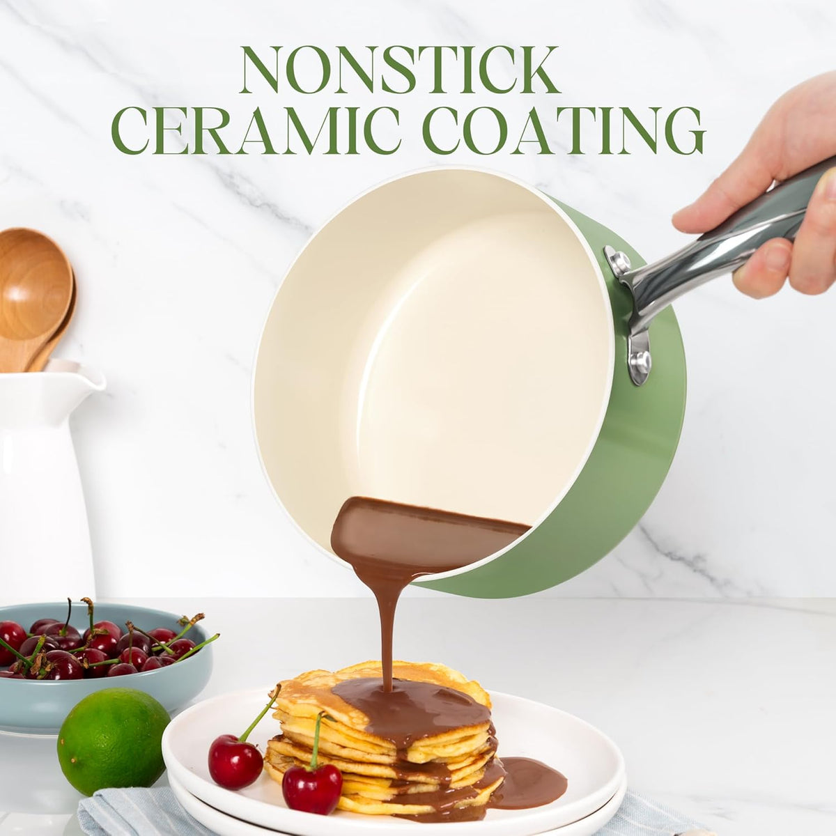 MICHELANGELO Sauce Pan with Lid, Non Stick Saucepan Set of 3-1Qt & 2Qt & 3Qt Small Pots for Cooking, Ceramic Saucepan - Non-Toxic, Scratch-Resistant, Oven Safe, Natural Green