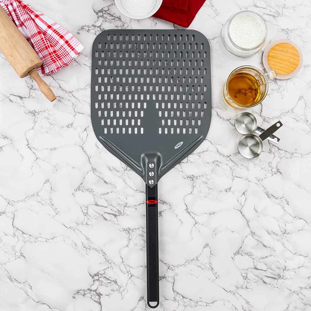 TKC Perforated Pizza Peel - 12" Metal Pizza Turner compatible with All Ovens, Indoor & Outdoor Use, Durable and Heat-Resistant Handle, Lightweight Pizza Spatula (Black)