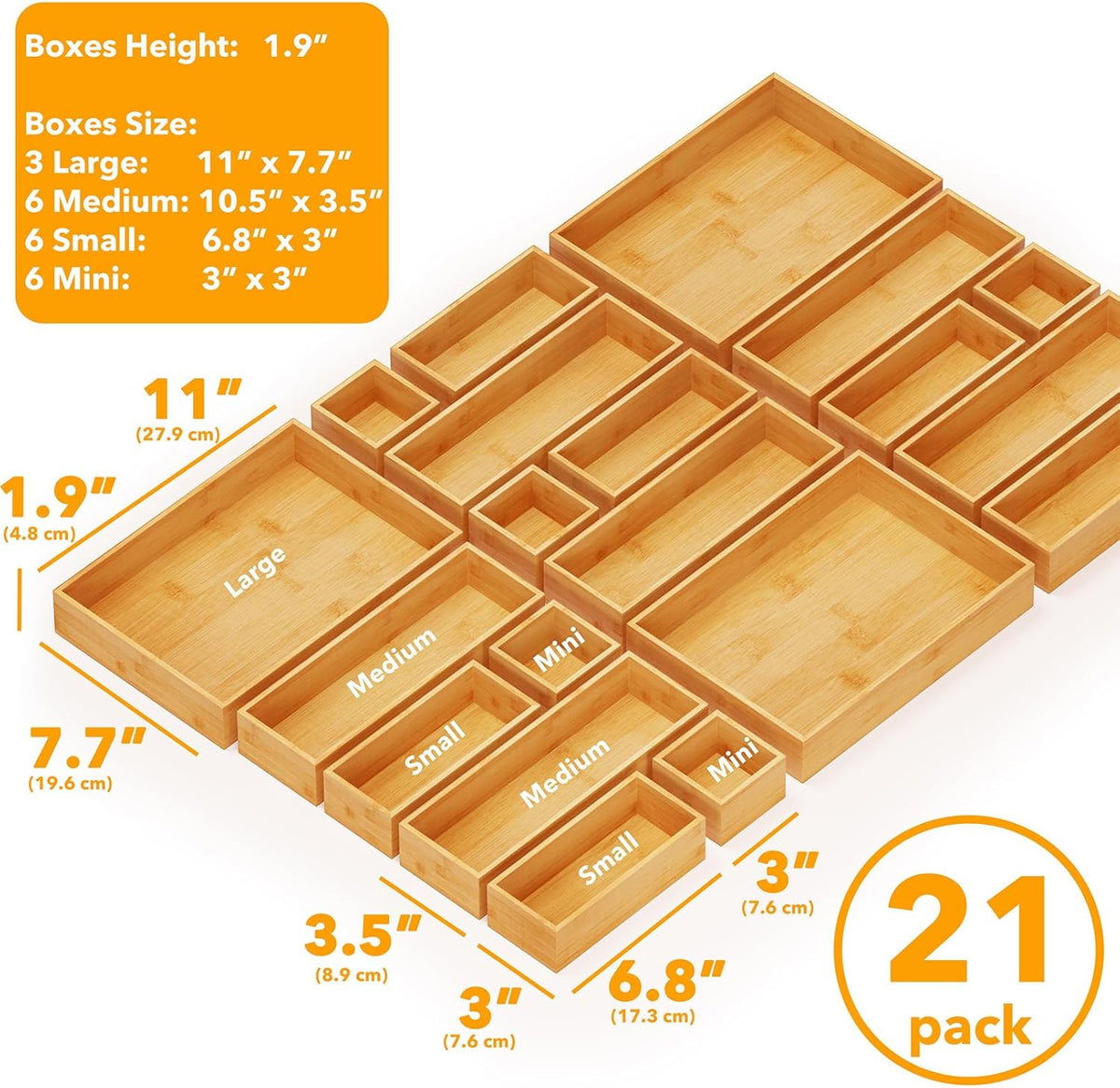 SpaceAid 21-Piece Bamboo Drawer Organizer Storage Boxes Set, Wood Tray Junk Drawer Organizers Multi-Use Divider Bins for Kitchen, Bathroom, Office Desk and Makeup Organization (21 Pack, Natural)