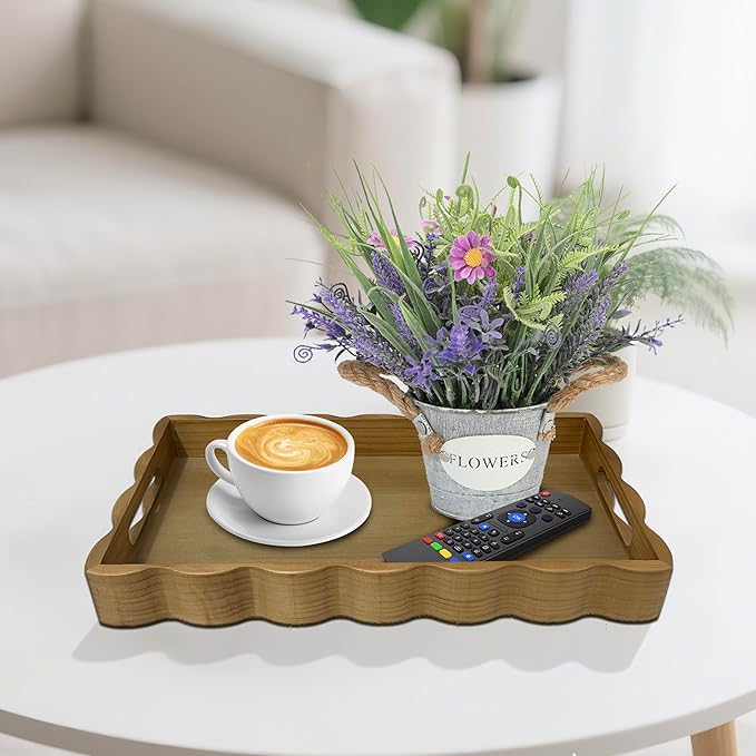 JUIOETURPine Wood Decorative Tray with Handle Rectangular Wooden Serving Tray for Breakfast in Bed,Coffee Table,Dining Table,or Kitchen - Perfect for Living Room,Bedroom,and Entryway Decor (burlywood)