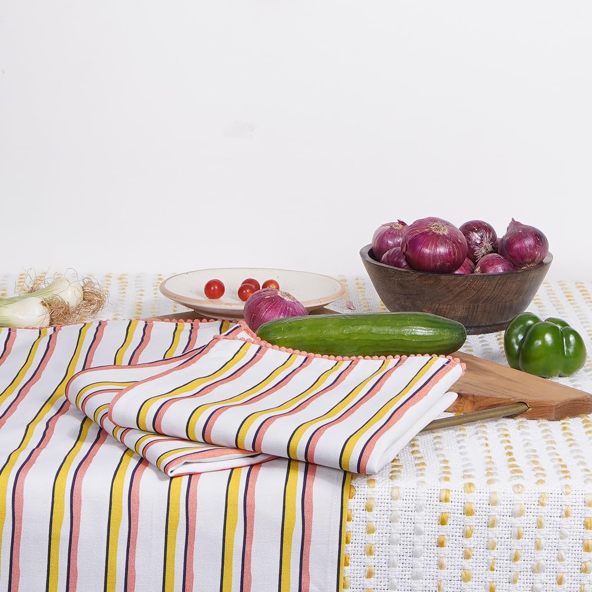 Printed Kitchen Dish Bar and Tea Towels Cotton, 18x28 inch with Trims, Cotton Dish Towel Sets (Yellow Stripes, Set of 6)