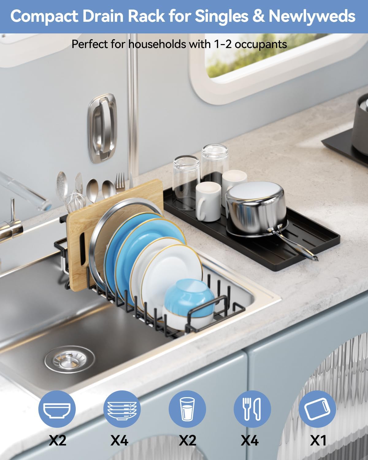 Small Dish Drying Rack in Sink, Expandable Dish Drainer Over Sink with Silicone Drying Tray, Compact Dish Rack for Kitchen Counter with Utensil Holder, Drying Rack Organize Small Space, Black