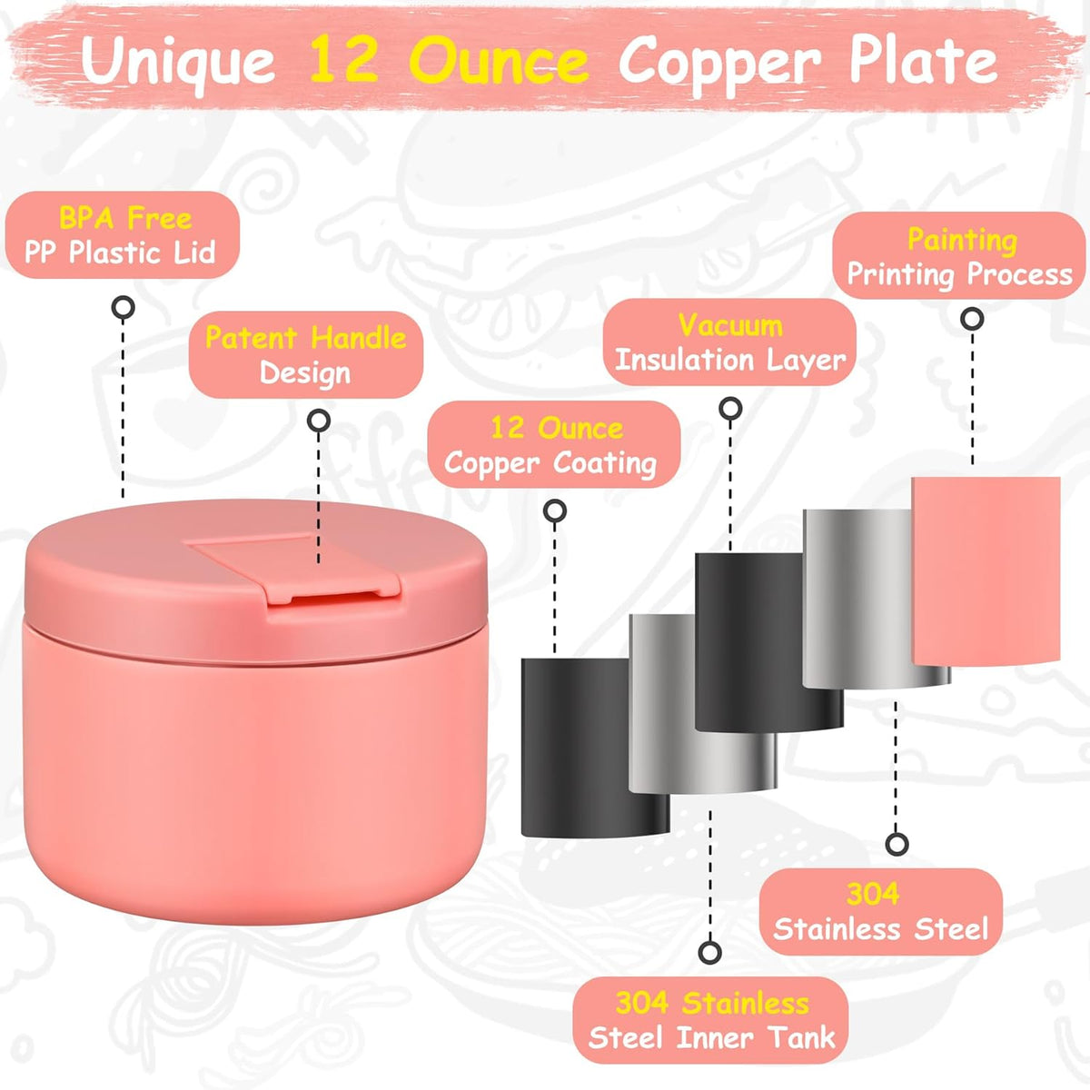 12oz Insulated Vacuum Food Jar with Buckle Lid Wide Mouth Soup Thermo for Hot Food Kids Leakproof Stainless Steel Lunch Container- Pink- 1Pack