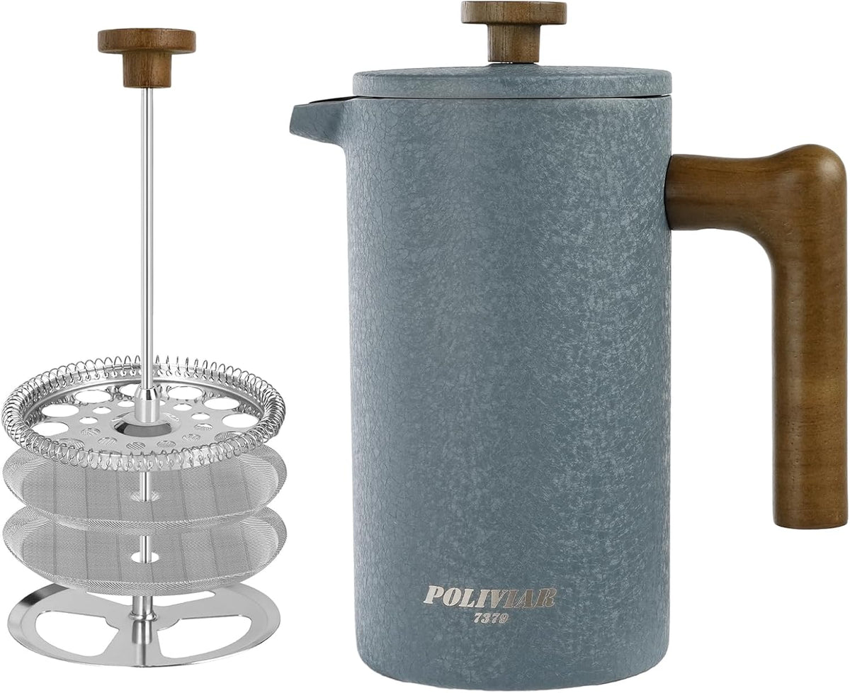 POLIVIAR French Press Coffee Maker, 34 Ounce Coffee Press with Real Wood Handle, Double Wall Insulation & Dual-Filter Screen, Food Grade Stainless Steel for Good Coffee and Tea JX2023-FPLU