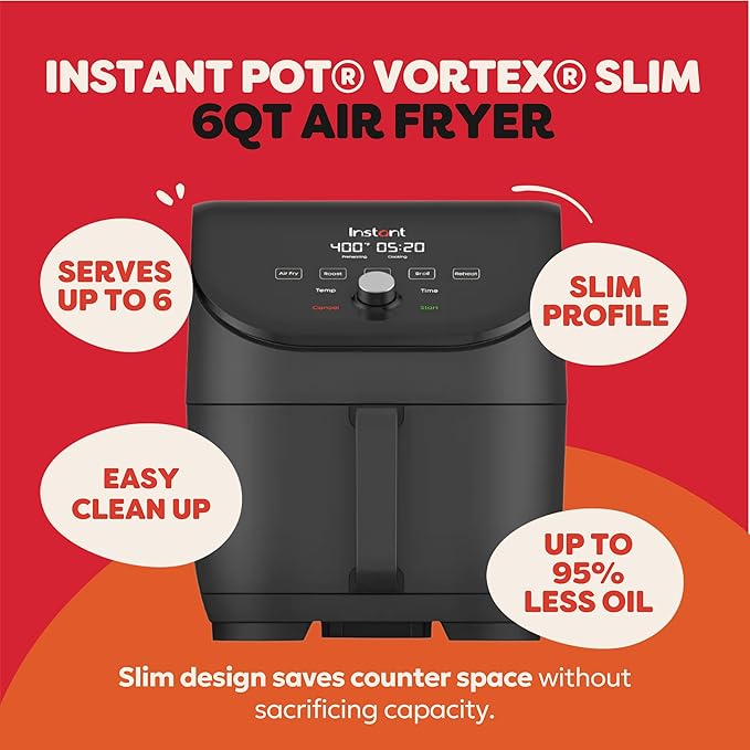 Instant Pot Vortex Slim XL 6QT Air Fryer that Crisps, Roasts, Reheats, Bakes, Broils & is Quiet, Space Saving, Nonstick, Dishwasher-Safe, 100+ In-App Recipes, from the Makers of Instant Pot, Black