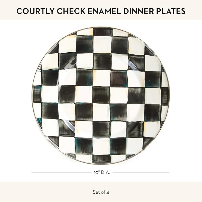 MACKENZIE-CHILDS Enamel Dinner Plate, Decorative Dinnerware Plate, 10 Inches, Set of 4, Black-and-White Courtly Check