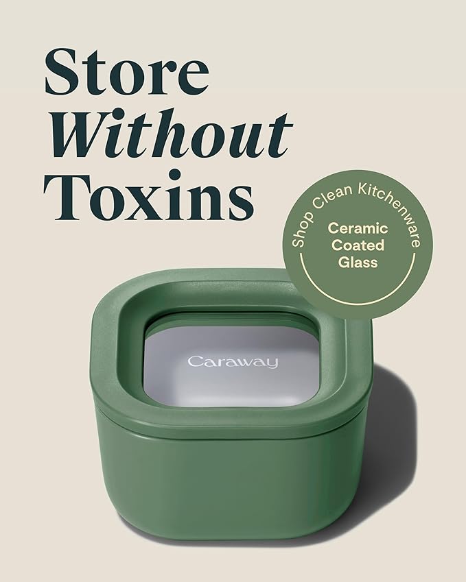 Caraway 6pc Food Storage Container Set - 1.75 Cup Glass Storage Container for Food (6) - Non-Toxic Ceramic-Coated Glass - Air Release Technology - Compact & Stackable Design - Sage