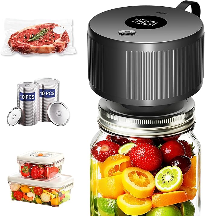 Electric Mason Jar Vacuum Sealer Kit, 3-in-1 Handheld Automatic Vacuum Sealer for Mason Jars, Canning Sealer Machine for Jars, Containers, Vacuum Bags | Present for Mom, Black
