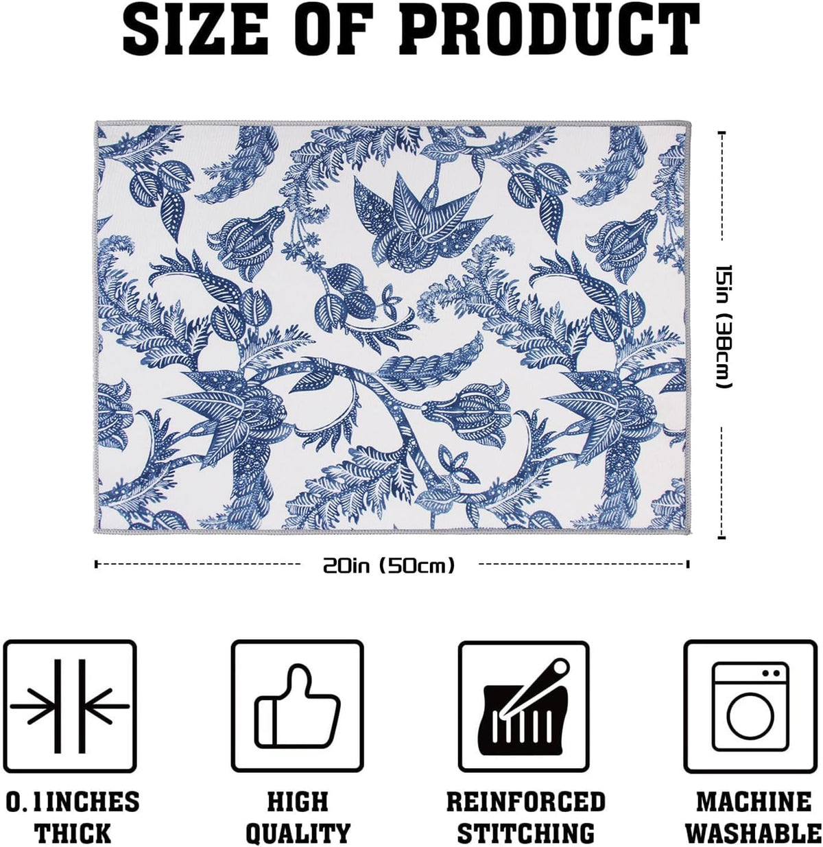 Dish Drying Mat Floral Print Microfiber kitchen drying mat, 20x15 inches, Dish Drying Mats for Kitchen Counter, Super Absorbent, Anti-Slip, Fast Drying, Kitchen Must-Have