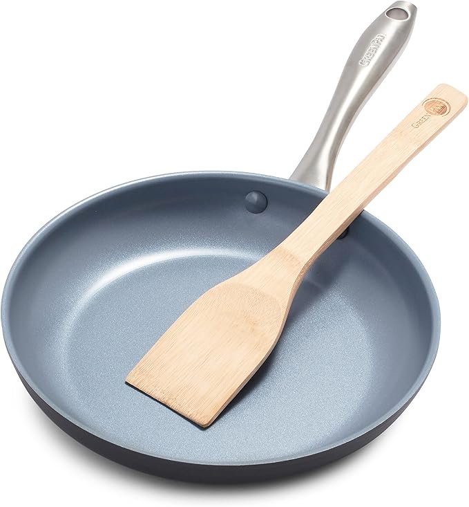 GreenPan Lima Hard Anodized 10" Frying Pan Skillet, Wood Spatula, Ceramic Nonstick, PFAS-Free Nontoxic Pots and Pans, Oven & Broiler Safe, Stainless Steel Handle, Cookware for Eggs & Omelet, Gray