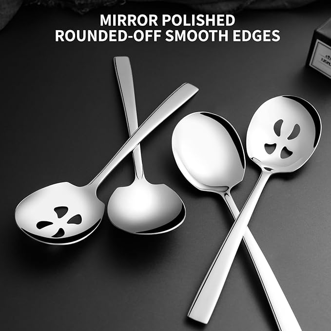 8 Piece Stainless Steel Serving Spoons Set - 4 Large, 4 Slotted, 9.2-Inch, Dishwasher Safe, for Parties/Kitchen/Buffet/Catering
