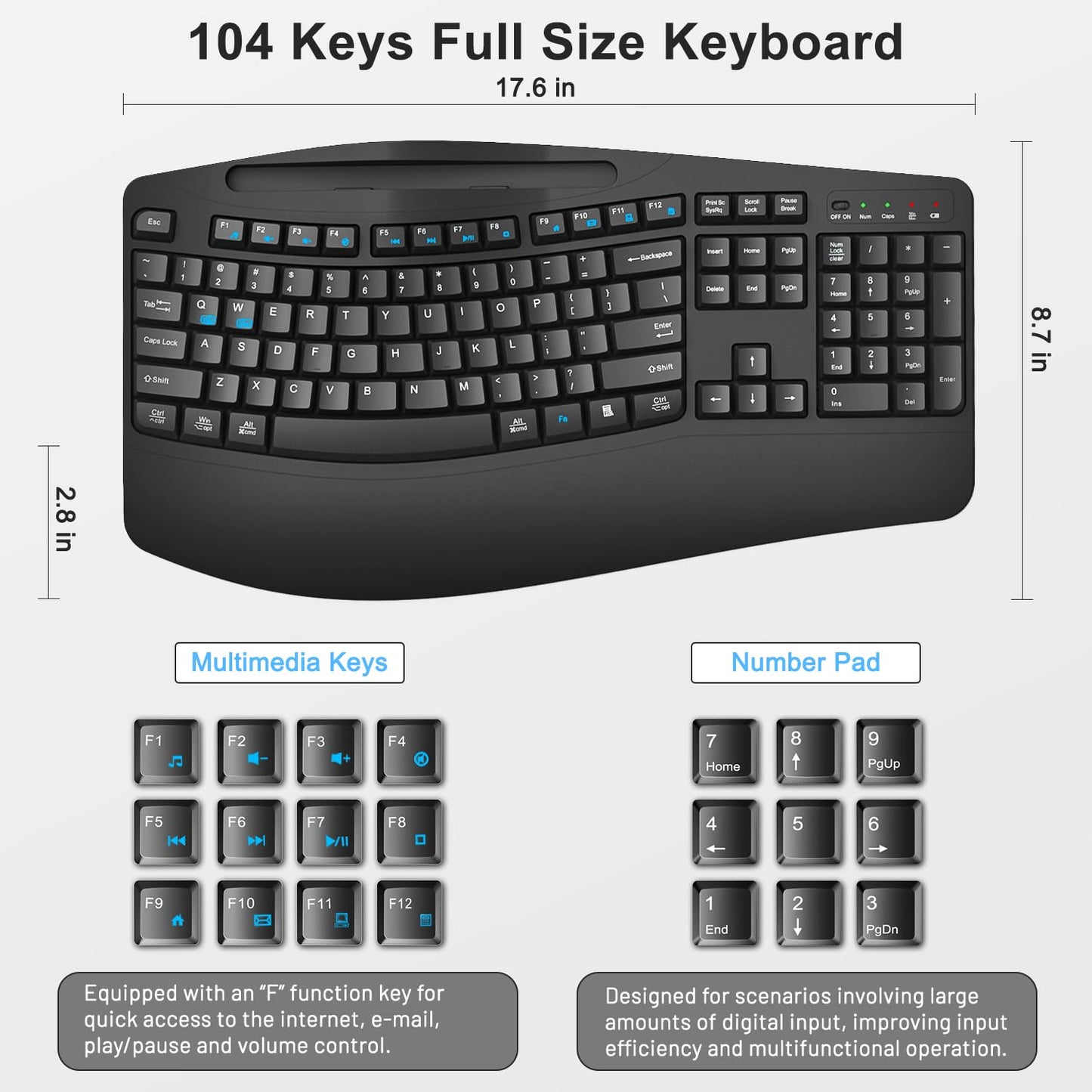 Wireless Keyboard and Mouse Combo, Full Size Ergonomic Wave Keys(Black)