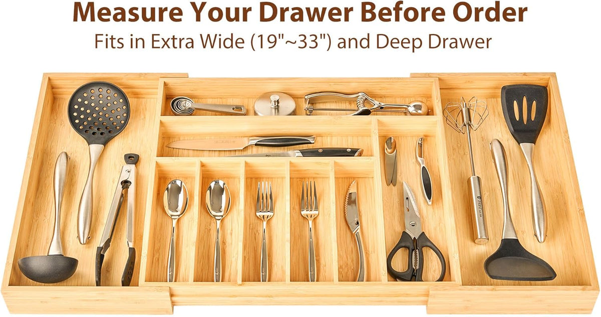 Umilife Extra Large Expandable Kitchen Siverware Utensils Drawer Organizer, 19" Deep for Big Drawer, Adjustable Bamboo Wood Drawer Divider with Curved Grooves, Cutlery Tray Flatware Holder