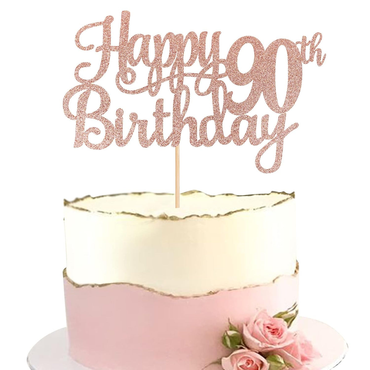 1 PCS Happy 90th Birthday Cake Topper Glitter Cheers to 90 Years Birthday Cake Pick 90 Fabulous Cake Decoration for Happy 90th Birthday Theme Party Decorations Supplies Rose Gold