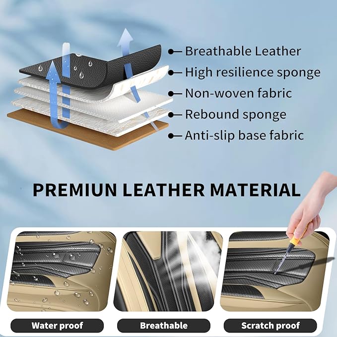 Fit Rogue Car Seat Covers Compatible with Nissan Rogue 2011-2025 2026 - Full Set Premium Leather， Waterproof Breathable， All-Weather Seat Cushion Protecto&Airbag Compatible （Beige & Black