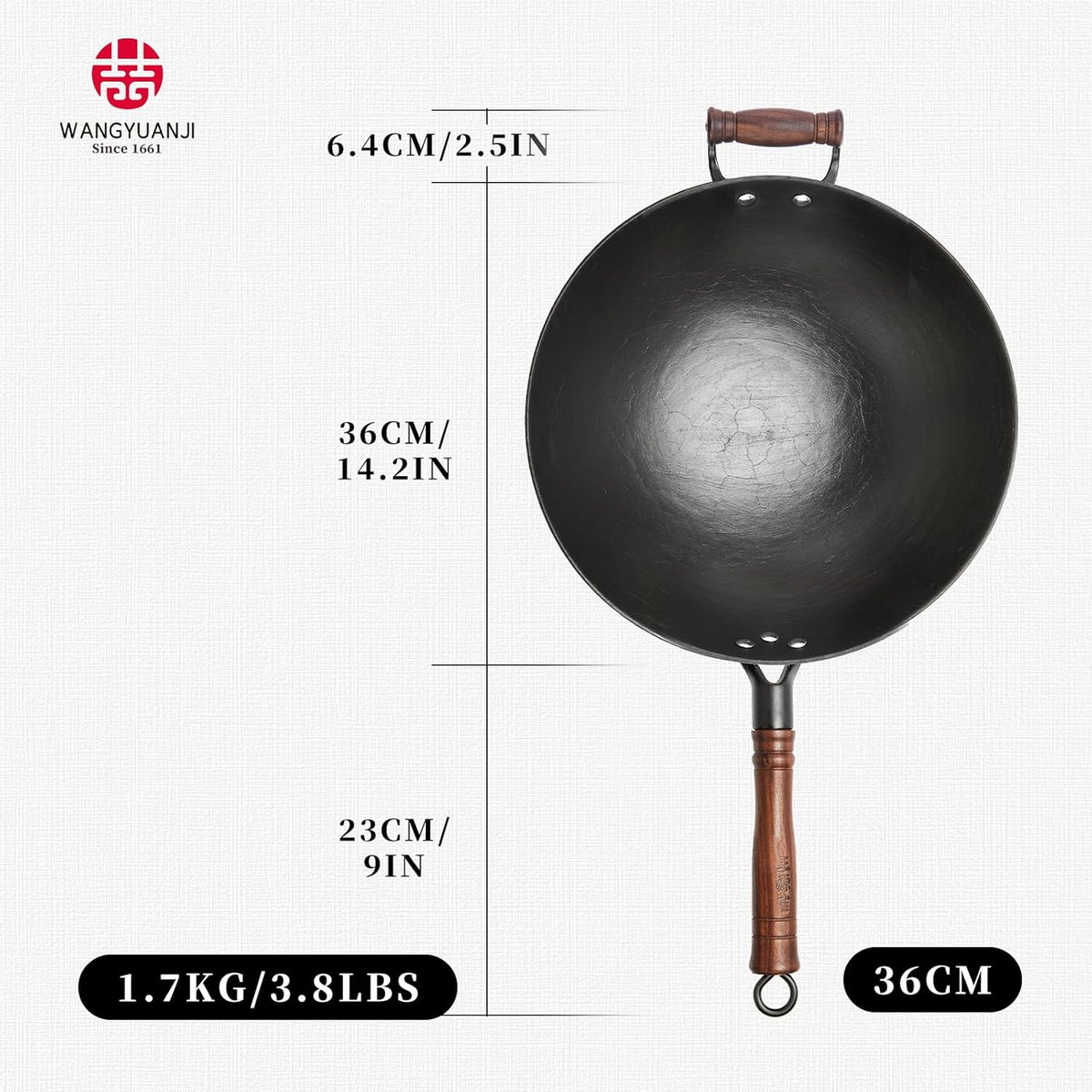 WANGYUANJI 14.17-Inch Cast Iron Chinese Wok with Round Bottom & Glass Lid - Traditional Chinese Wok for Gas Stove and Open Flame Cooking