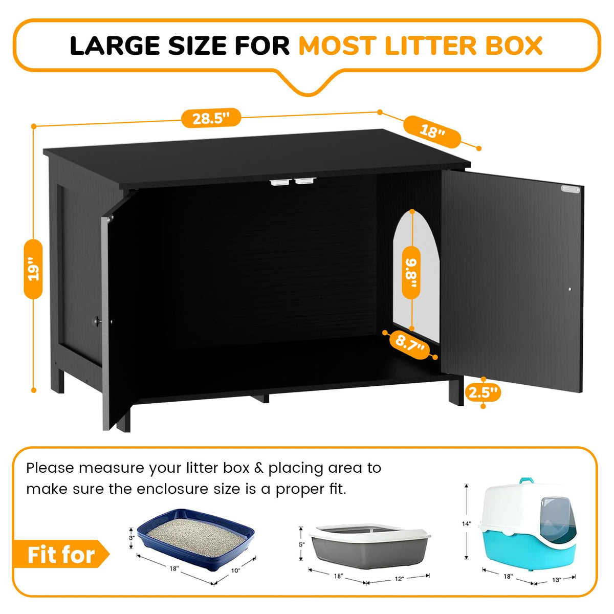 Fecuria Cat Litter Box Enclosure Furniture Dog Proof, Hidden Kitty Washroom Cabinet Low Entry, Wooden Cat Boxes Enclosure Odor Control for Home, Farmhouse Style Decorative TV Stand with Storage, Black