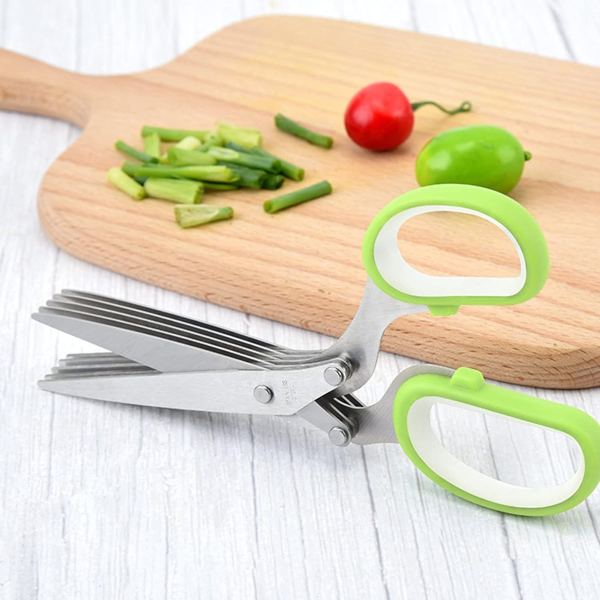 Gourmet Herb Scissors Set Multipurpose Cutting Shears with Stainless Steel 5 Blades, Herb Stripper, Safety Cover Cleaning Comb for Cutting Cilantro Onion Salad (Green)