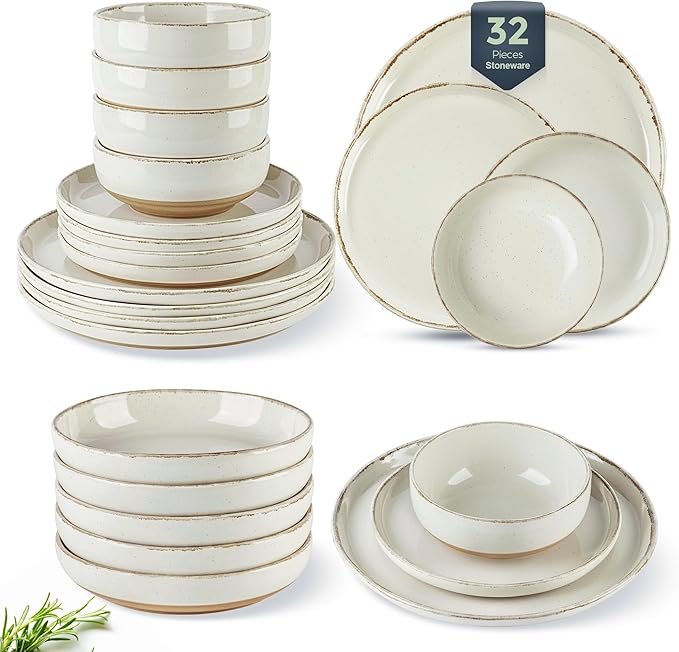 AmorArc Ceramic Dinnerware Sets with Pasta Bowls for 8, Handpainted Plates and Bowls Set with Rustic Terracotta Underside, Scratch Resistant Dishes Set, Dishwasher & Microwave Safe, 32 Pcs
