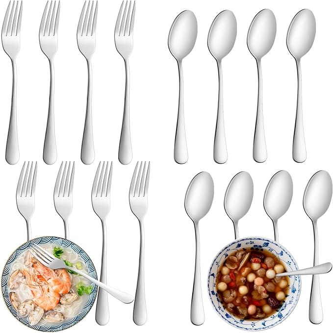 8 Pcs Forks and Spoons Silverware Set, Food Grade Stainless Steel Flatware Cutlery Set for Home, Kitchen and Restaurant, 4 Dinner Fork(8") and 4 Teaspoon(6.7"), Mirror Polished, Dishwasher Safe