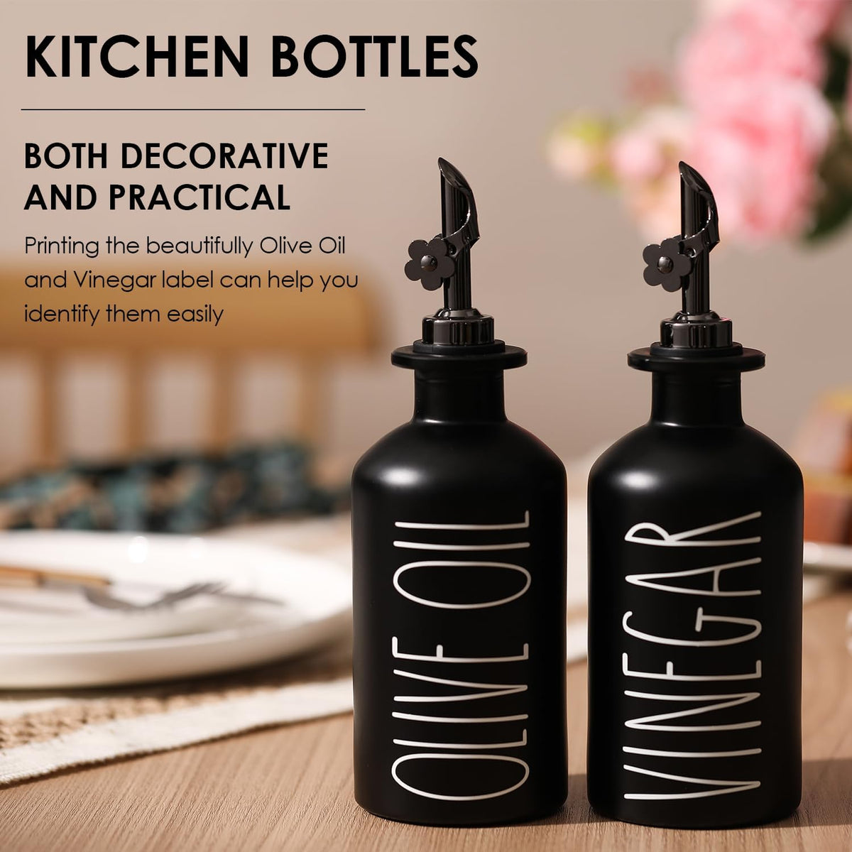 HOMCDALY Premium Olive Oil Dispenser for Kitchen, 11.8oz Glass Oil Bottles with Bamboo Tray, Black Oil&Vinegar Cruet Set, Kitchen Dispenser Bottles with Pourer | Set of 2 (11.8oz –P–Black)
