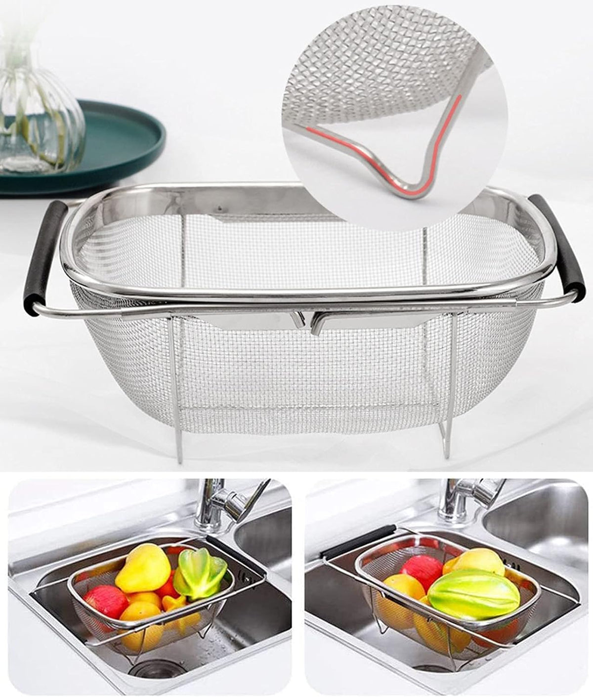 Over The Sink Colander, 4 Quarts Stainless Steel Oval Colander with Expandable Rubber Grip Handle, Fine Mesh Strainer Baskets Kitchen Colander for Strain, Drain, Rinse Vegetables, Fruits, Black