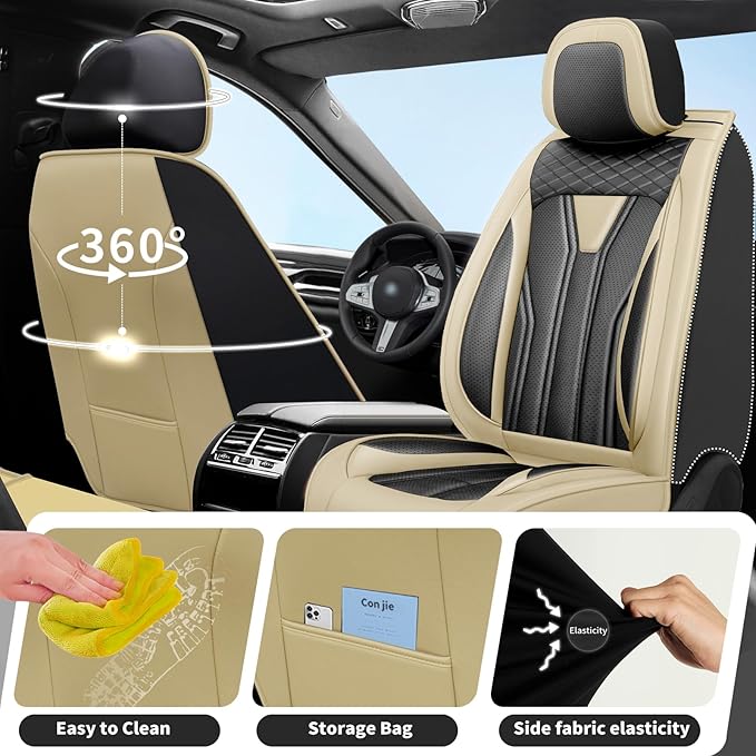 Fit Juke Car Seat Covers Compatible with Nissan Juke 2012-2015 2016 - Premium Leather， Waterproof Breathable， All-Weather Seat Cushion Protecto&Airbag Compatible (2 Front Seat Beige&Black)