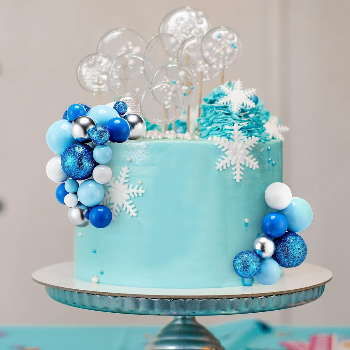 Tondiamo 108 Pcs Balls Cake Topper DIY Cupcake Insert Foam Balloons for Cake Baking Wedding Anniversary Birthday Decoration (Blue White Silver,Multi Sizes)