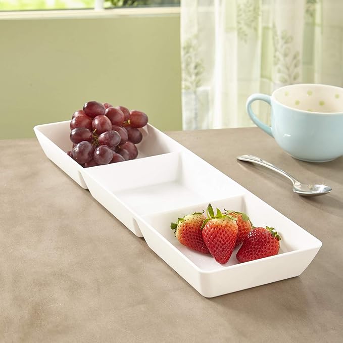 US Acrylic Avant White Plastic Divided Serving Trays (Set of 4) 15” x 5” | Narrow Reusable 3-Section Party Platters | Serve Appetizers, Fruit, Veggies, & Desserts | BPA-Free & Made in USA