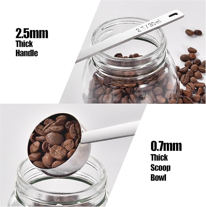 18/8 Stainless Steel Coffee Scoops, Doosu Food-Grade Metal Measuring Spoons with 8.5in Long Handle, Tablespoon Scooper for Coffee Beans, Ground Coffee, Espresso, Protein Powders, Tea (1 & 2 Tbsp)