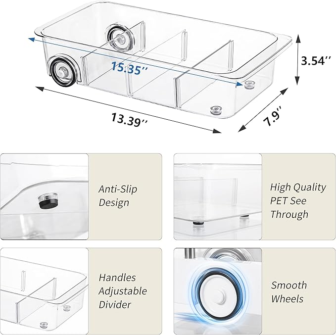 Attelite 3 Pack Fridge Organizer on Wheels,Roll Out Refrigerator Organizers and Storage Clear Design with Dividers,Upgrade Thick Plastic Storage Bins with Wheels, Kitchen Organization