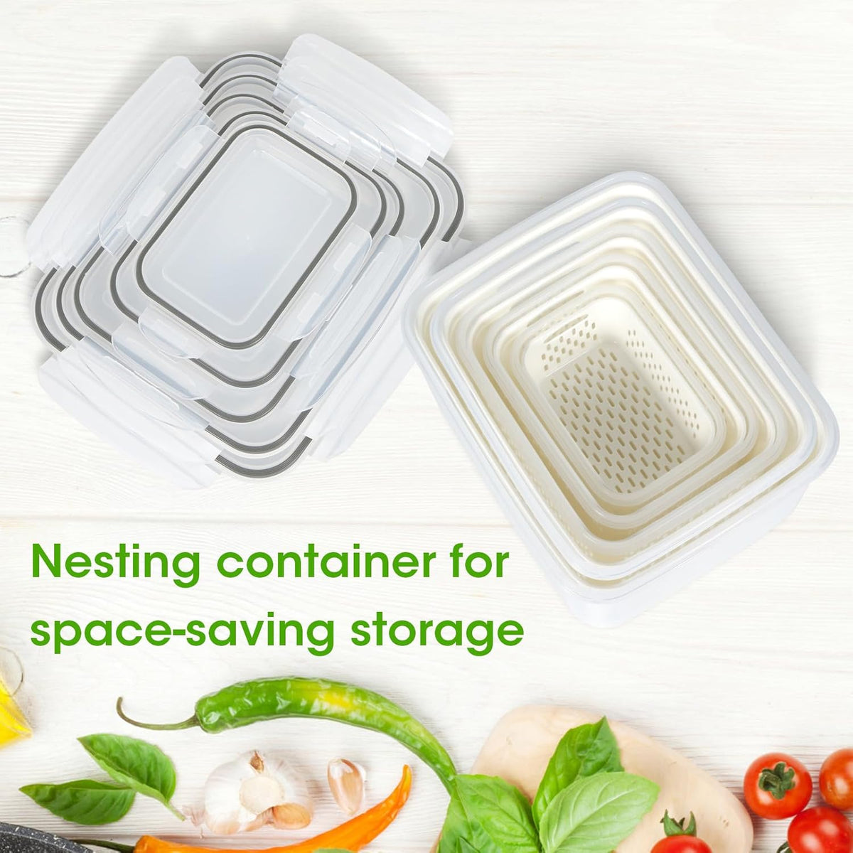 6 Pack Fruit Storage Containers for Fridge, Produce Saver Vegetable Container with Drain Colanders - Refrigerator Organizer for Lettuce Keepers Berry Container