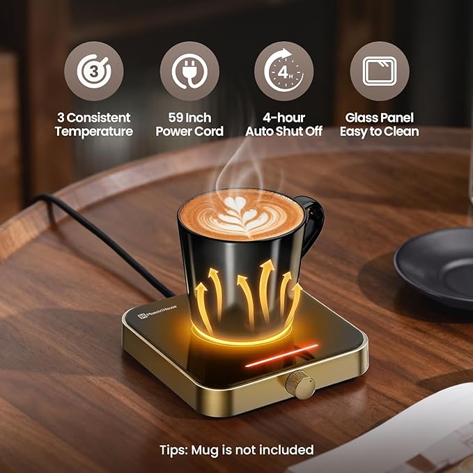 Maestri House Mug Warmer, Electric Coffee Cup Warmer for Desk with 3-Temp Settings,Auto Shut Off, Constant Temperature Heating for Beverage, Milk, Tea and Hot Chocolate at Home & Office (Gold)
