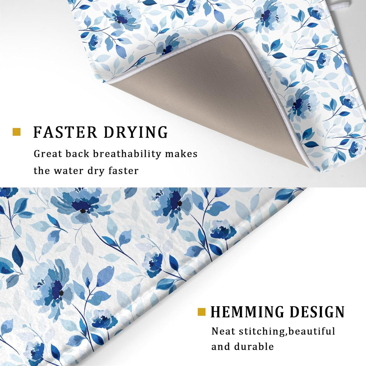 Blue Floral Dish Drying Mat 18x24 inch Flower Leaves Dish Rack Pad Microfiber Washable Dishes Drainer Pad Kitchen Countertop Accessories