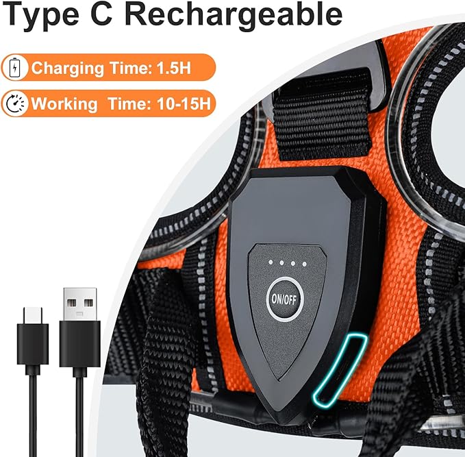 Taglory Light Up Dog Harness, Rechargeable No Pull Dog Vest with 3 Lightning Modes, Reflective Dog Harness with 2 Leash Clips & 4 Adjustable Slide Strips for Large Dogs, Orange-Orange, L