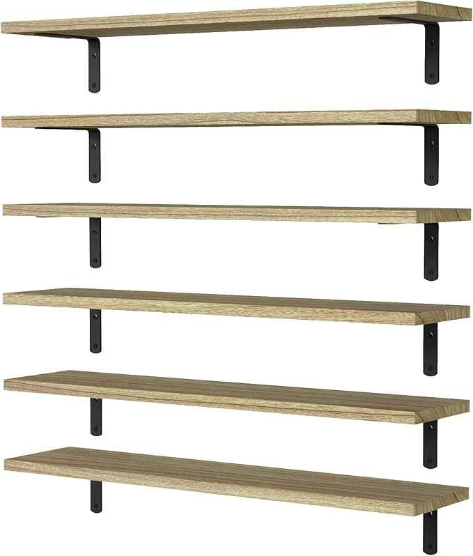 WOPITUES Wood Floating Shelves Set of 6, 24 inch Long Floating Shelves for Wall Decor, Farmhouse Shelf for Bedroom, Bathroom Storage Shelves, Book Shelves for Living Room - Rustic Brown