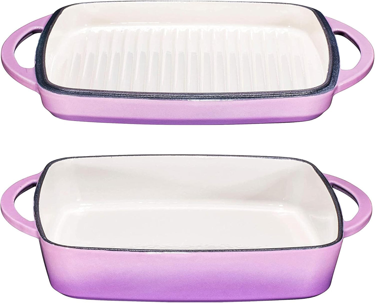 Bruntmor 2-in-1 Square Enamel Cast Iron Dutch Oven Baking Pan with Handles, Purple Baking Pans Set with Cast Iron Skillet, Braising Pan for Casserole Dish with lid, Oven Safe
