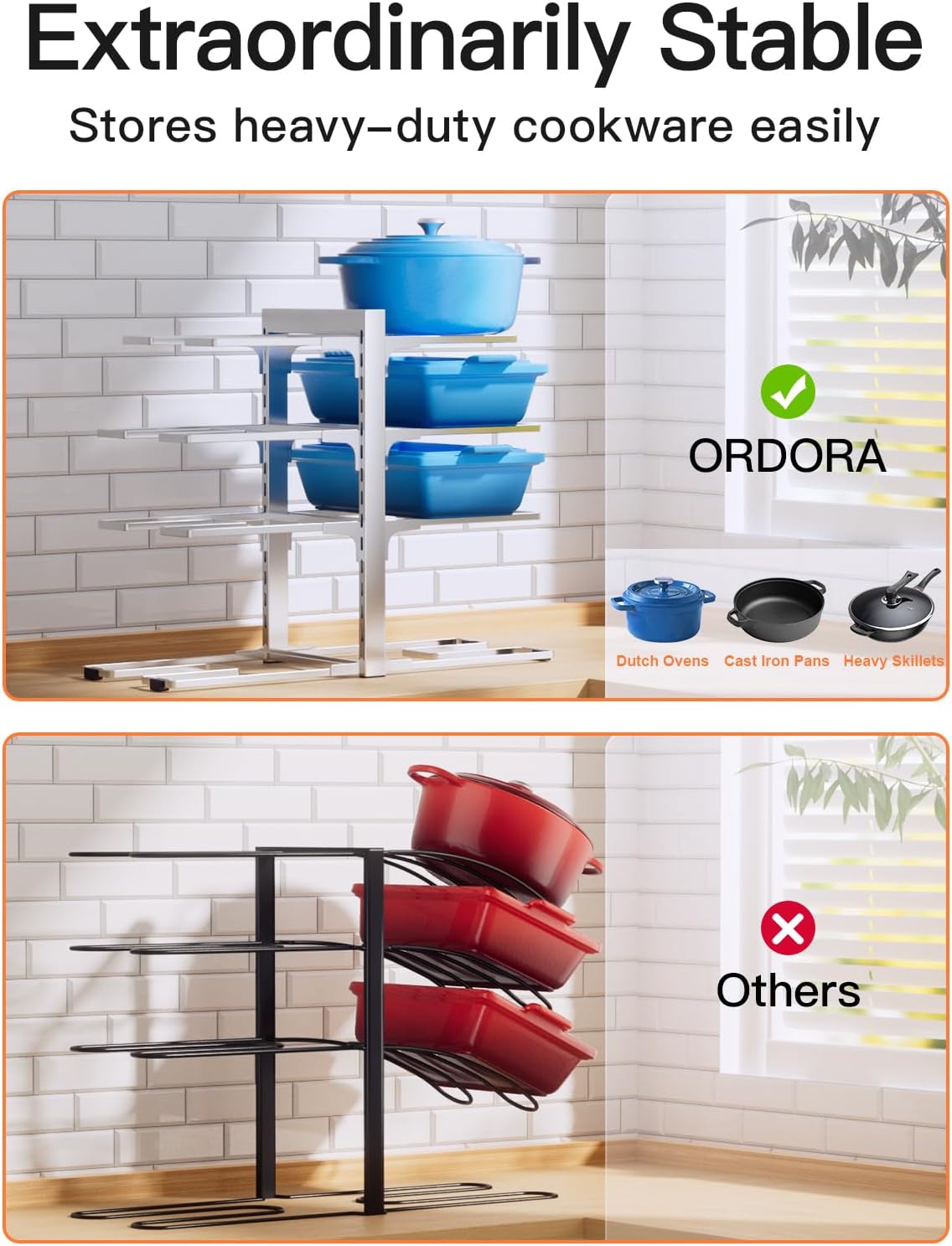 ORDORA 8-Tier Pots and Pans Organizer under Cabinet, Kitchen Cabinet Organizers and Storage, Heavy Duty 120LBS Pots and Pan Storage Rack Organizer inside Cabinet, Adjustable, Silver