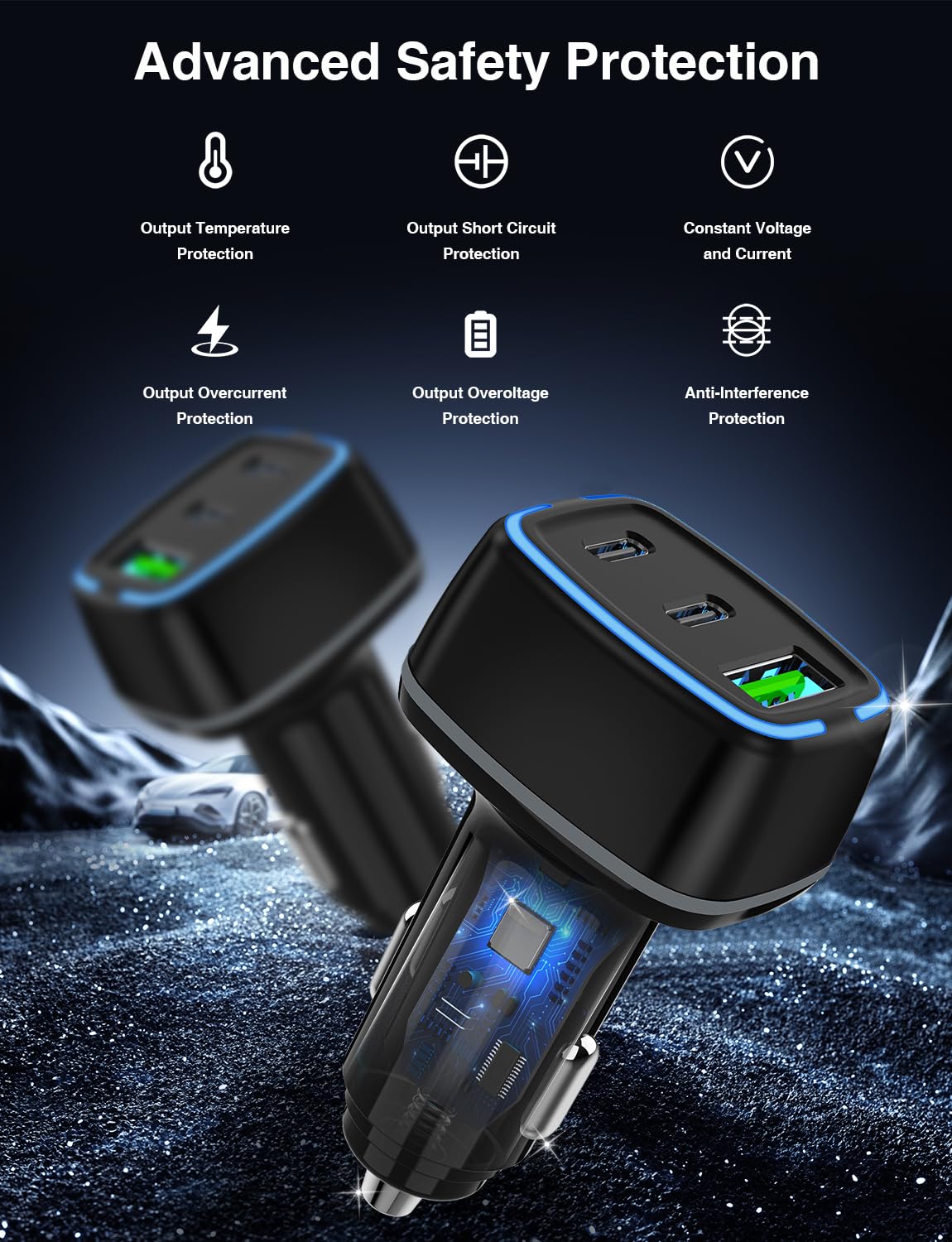 QZVOO 75W USB C Car Charger, 3-Port Super Fast Charging Cigarette Lighte