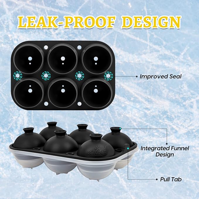 Samuelworld Premium Ice Tray Combo, Large Ice Sphere Maker & Giant Ice Cube Trays, 2 Packs, Food Grade, Easy To Use, Spill-Free Integrated Funnels, Whiskey Bourbon Cocktails (Black)