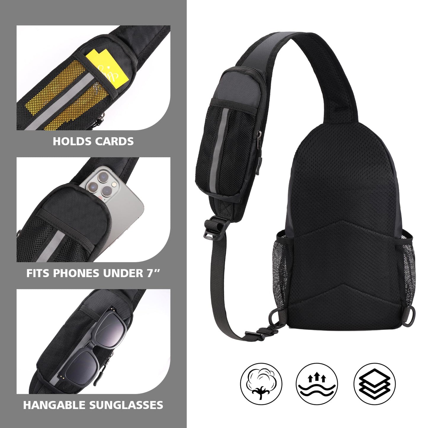 Javolto Sling Bag for men Crossbody Shoulder Backpack Chest Bag Travel Hiking Daypack-Black