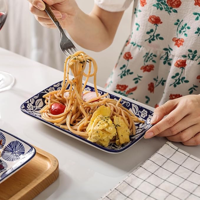 Selamica Ceramic Rectangular Salad Plates Set of 4, 8 Inch Small Serving Plates for Appetizers, Sushi, Fruit, Vintage Blue