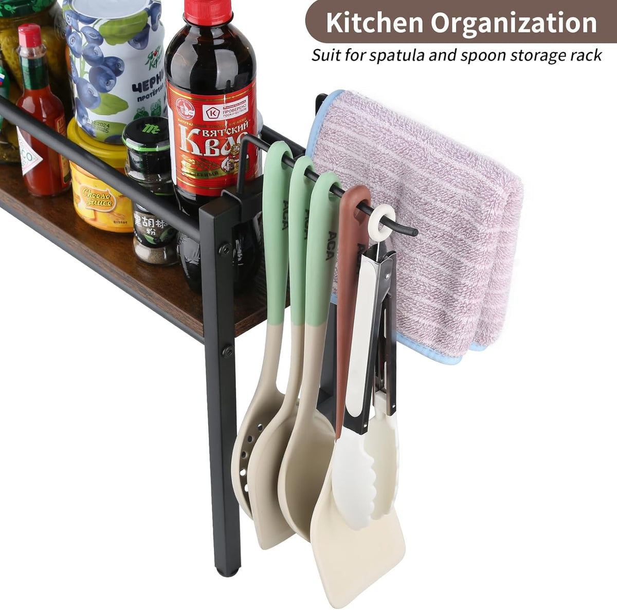 Meangood Spice Rack Shelf for Kitchen Stove, Over the Stove Shelf with 4 Hooks Extra Storage Countertop, Rustic Wood & Solid Metal Commbined Stove Shelf for Storage Seasoning, Easy to Assemble