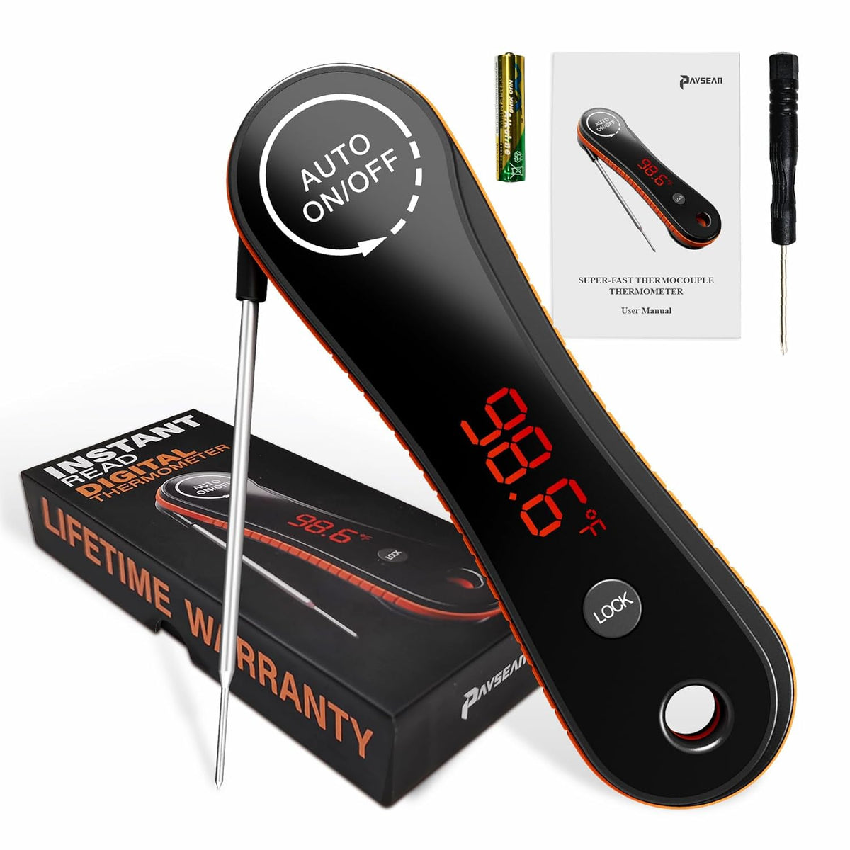 Digital Meat Thermometer, Paysean 0.5 Sec Instant Read ±0.5℉ with Auto-Rotating Backlit Display, IP67 Waterproof and Calibration for Cooking, Candy, Grilling, BBQ, Liquid, Smoker, Beef