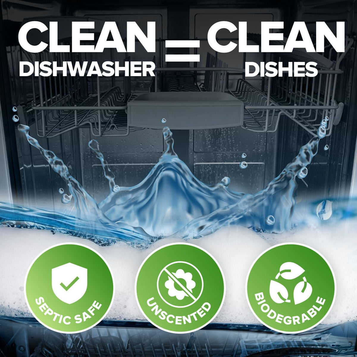 Heavy Duty Dishwasher Cleaner and Deodorizer Tablets, Descaler, Deep Cleaning, Natural Odor and Smell Remover, Calcium, Limescale, Hard Water Marks, Grease, Septic Safe Pods (12 Tabs - 1 Yr Supply)