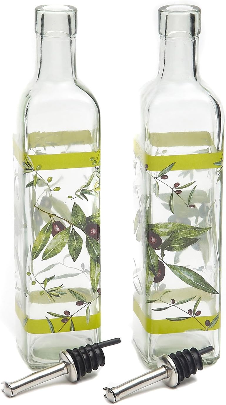 CEDAR HOME Olive Oil Bottle Set Glass Dispenser Vinegar Cruet 17oz. with Stainless Steel Leak Proof Pourer Spout for Cooking or Salad Dressing, Green, 2 Packs