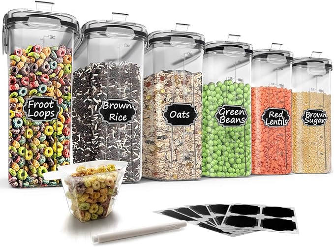 Wildone Cereal Storage Containers Set, Large BPA Free Plastic Airtight Food Storage Containers 4L for Flour, Sugar, 6 Piece Set Cereal Dispensers with 20 Labels & Marker, Black